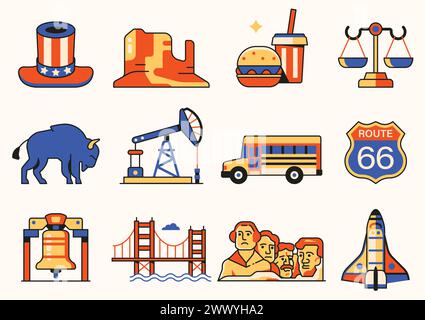 USA-Symbole und Designelemente in Strichgrafiken Stock Vektor