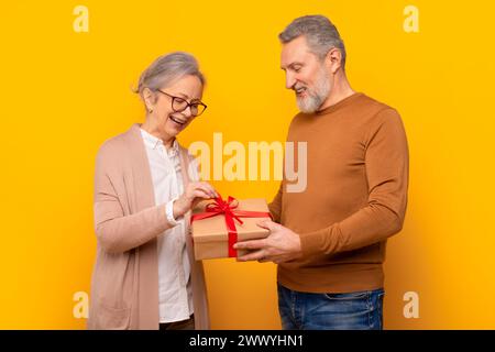 Glückliche Seniorin, die Geschenkbox vom Ehemann erhält, Studio Stockfoto