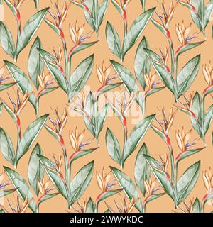 Nahtloses Muster mit Aquarellblumen, Paradiesvogel Stockfoto