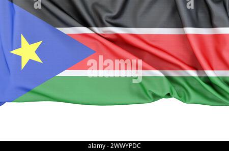 Flagge des Südsudan isoliert auf weißem Hintergrund mit Kopierraum unten. 3D-Rendering Stockfoto