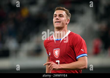 Hradec Kralove, Tschechische Republik. März 2024. DANIEL FILA aus Tschechien feiert zwei Tore beim UEFA Under21-Spiel zwischen Tschechien und Island im Hradec Kralove in Tschechien. (Kreditbild: © Slavek Ruta/ZUMA Press Wire) NUR REDAKTIONELLE VERWENDUNG! Nicht für kommerzielle ZWECKE! Stockfoto