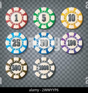 Bunte Casino Chips Auf Transparentem Hintergrund, Vektor-Illustration Stock Vektor