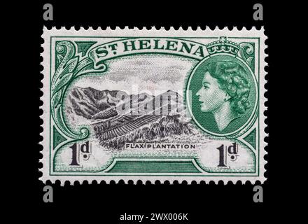 Vintage-Briefmarke von St. Helena um 1953 Königin Elisabeth II Kunstwerk, das eine Flachsplantage zeigt. Stockfoto