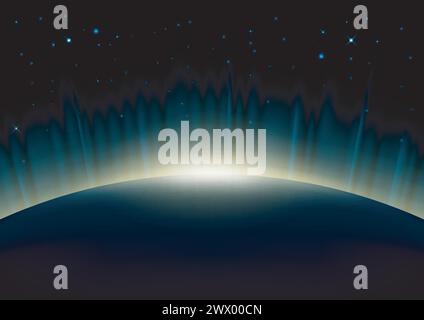 Aufgehende Sonne Auf Der Erde Mit Leuchtendem Hintergrund Der Aurora, Vektor-Illustration Stock Vektor