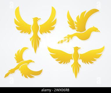 Fliegende Vögel Gold Farbschild Set, Vektor-Illustration Stock Vektor