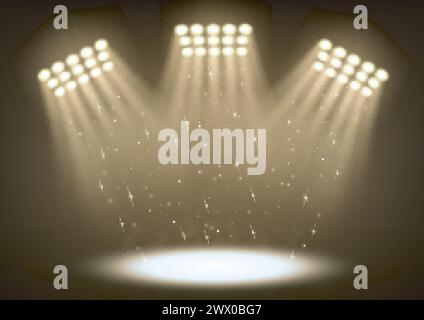 Helle Stadion Spotlights Auf Dunklem Hintergrund, Vektor-Illustration Stock Vektor