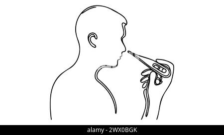 Einzelne eine Linie Zeichnung Mann Kopfschmerzen haben Fieber, Grippe und überprüfen Thermometer Körpertemperatur messen. Kranke-Leute-Konzept. Ununterbrochene Linienzeichnung Stock Vektor