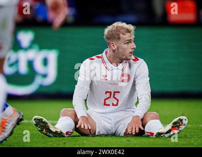 Der dänische Gustav Isaksen während des Freundschaftsspiels zwischen Dänemark und den Färöern im Broendby Stadium am Dienstag, den 26. März 2024. (Foto: Liselotte Sabroe/Ritzau Scanpix) Stockfoto