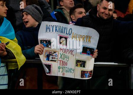 Breslau, Breslau, Polen. März 2024. Ein Qualifikationsspiel der Euro 2024 zwischen der Ukraine und Island fand in Breslau in der Tarczynski Arena statt. In Bild: Ukraine Fans (Foto: © Krzysztof Zatycki/ZUMA Press Wire) NUR REDAKTIONELLE VERWENDUNG! Nicht für kommerzielle ZWECKE! Stockfoto