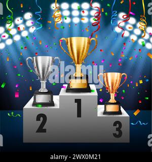 Meisterschaft mit 3 Trophäen auf dem Podium mit beleuchtetem Spotlight, Vektor-Illustration Stock Vektor