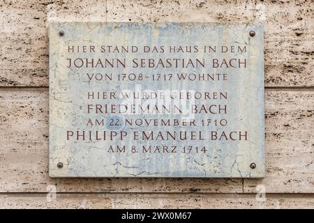 Weimar, Deutschland - 18. März 2024: gedenktafel des Komponisten Johann sebastian bach in Weimar, Thüringen Stockfoto