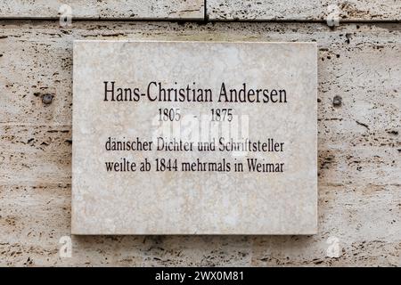 Weimar, Deutschland - 18. März 2024: gedenktafel von Hans Christian Andersen in Weimar, Thüringen Stockfoto