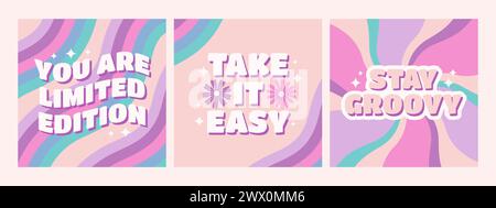 Set mit groovigen positiven Retro-Phrasen in Pastellfarben. Du bist limitierte Auflage, lass es dir ruhig, bleib groovig. Vektorabbildung Stock Vektor