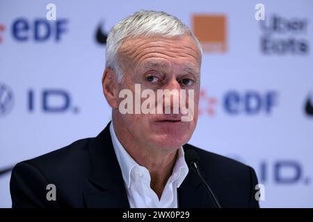 Marseille, 26. März 2024. Didier Deschamps Cheftrainer von Frankreich reagiert auf die Pressekonferenz nach dem Spiel im Anschluss an das internationale Freundschaftsspiel im Orange Vélodrome in Marseille. Der Bildnachweis sollte lauten: Jonathan Moscrop/Sportimage Credit: Sportimage Ltd/Alamy Live News Stockfoto