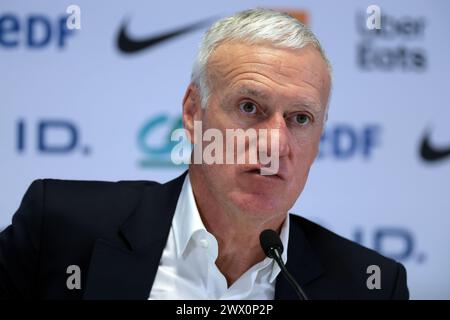 Marseille, 26. März 2024. Didier Deschamps Cheftrainer von Frankreich reagiert auf die Pressekonferenz nach dem Spiel im Anschluss an das internationale Freundschaftsspiel im Orange Vélodrome in Marseille. Der Bildnachweis sollte lauten: Jonathan Moscrop/Sportimage Credit: Sportimage Ltd/Alamy Live News Stockfoto