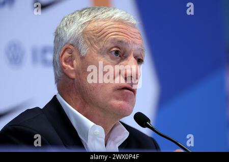 Marseille, 26. März 2024. Didier Deschamps Cheftrainer von Frankreich reagiert auf die Pressekonferenz nach dem Spiel im Anschluss an das internationale Freundschaftsspiel im Orange Vélodrome in Marseille. Der Bildnachweis sollte lauten: Jonathan Moscrop/Sportimage Credit: Sportimage Ltd/Alamy Live News Stockfoto