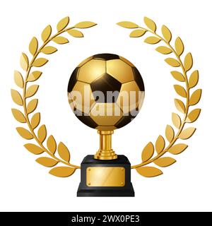 Realistische goldene Fußball-Trophäe mit goldenem Lorbeerkranz, isoliert auf weißem Hintergrund, Vektor-Illustration Stock Vektor