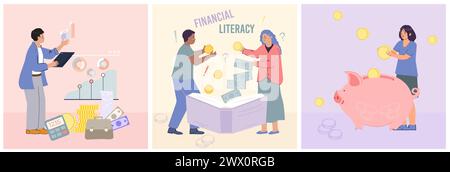 Männer und Frauen, die finanzielle Kompetenz fördern und Geld sparen, flache isolierte Vektor-Illustration Stock Vektor