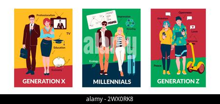 Flache Poster-Reihe für die x- und z-Generation und die Vektorillustration für Millennials Stock Vektor