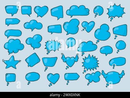 Künstlerische Sammlung von handgezeichneten Doodle Style Comic Ballon, Wolken- und herzförmigen Designelementen. Isolierte und reale Zeichenstiftskizze, Vektorillustration Stock Vektor