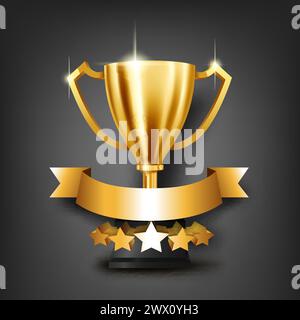 Realistische goldene Trophäe mit Platz für Text auf goldenem Band, Vektor-Illustration Stock Vektor