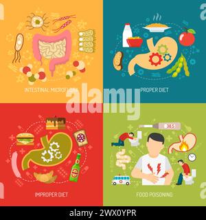 Verdauungskonzept Symbole mit Darm-Mikroflora und richtige Ernährung Symbole flach isoliert Vektor-Illustration gesetzt Stock Vektor