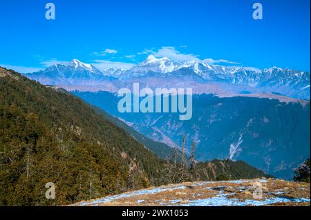 Schneebedeckte Berge. Malerische Aussicht auf die Gipfel des Himalaya, wie z. B. Mt. Trishul, Mt. Nanda Ghunti Mt. Khamet. Auf einer Höhe von 3800 m. Uttrakhand Indien. Stockfoto