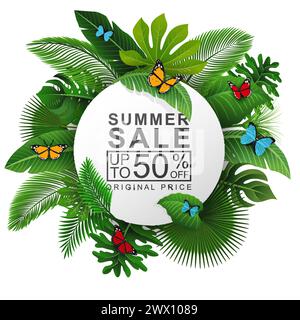 Rundes Schild mit tropischen Blättern und Text zum Sommerverkauf. Geeignet für Promotion, Werbung und Sommerferien, Vektor-Illustration Stock Vektor