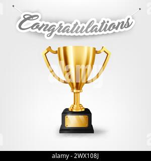 Realistische goldene Trophäe mit Textraum und herzlichen Glückwunsch Text hängt an der Wand, Vektor-Illustration Stock Vektor