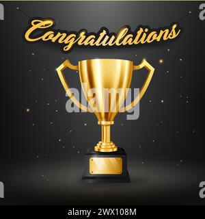 Realistische goldene Trophäe mit Textraum und herzlichen Glückwunsch Text hängt an der Wand, Vektor-Illustration Stock Vektor