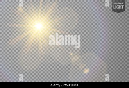 Abstrakte Sonnenstrahlen mit Lens Flare und Unschärfe in Motion Glow Blare. Isoliert auf transparentem Hintergrund, Vektorillustration Stock Vektor