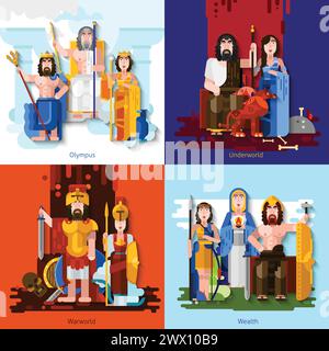 Olympic Gods 2x2 Concept Set von mythologischen Figuren symbolisieren Kriegsreichtum und Unterwelt in Cartoon-Stil flache Vektor-Illustration Stock Vektor