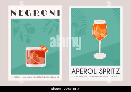 Aperol Spritz und Negroni Cocktail im Glas mit Eis und Orangenscheibe. Italienisches Aperitif-Poster-Set im Retro-Stil für den Sommer. Wandkunst alkoholische Getränke Garnitur Stock Vektor