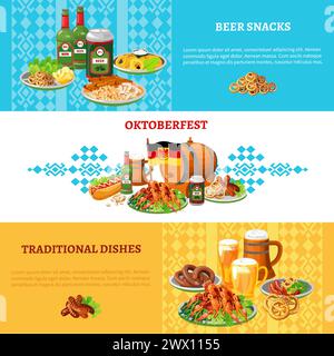 Deutsch traditionell weltgrößte Volksfest ortoberfest 3 flache Banner mit Bier und Snacks abstrakte Vektor-Illustration gesetzt Stock Vektor