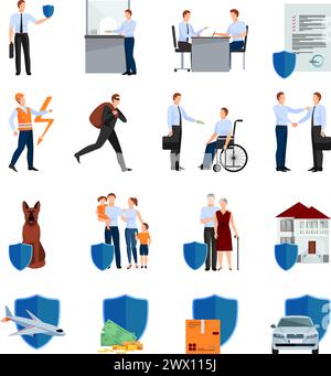 Dienstleistungen der Versicherungsgesellschaft Symbole mit Politik Verhandlungen Sicherheit der Gesundheit und Eigentum isoliert Vektor-Illustration gesetzt Stock Vektor