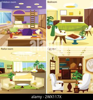 Helles Wohnzimmer Kinderzimmer Schlafzimmer Salon Zimmer und Schrank Innenräume 2x2 Design Konzept Cartoon Vektor Illustration Stock Vektor