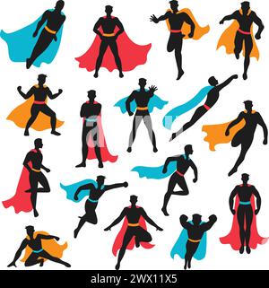 Set aus schwarzen Superhelden-Silhouetten in verschiedenen Posen mit farbigen winkenden Umhängen auf weißem Hintergrund isoliert Vektor-Illustration Stock Vektor