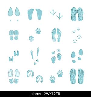 Eisblaue Farbfußabdrücke auf weißem Hintergrund mit Aufdrucken von verschiedenen Schuhen und Pfoten Vektorgrafik Stock Vektor