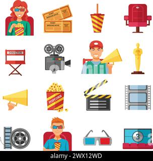 Flache Farbe Kino dekorative Icons Sammlung mit 3d-Brille Popcorn Filmtickets und Zuschauer isoliert Vektor-Illustration Stock Vektor