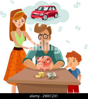 Home Budget-Planung mit Familie Einkommen Ausgaben und Ziel Geld sparen für Traum Kauf Konzept flache Vektor-Illustration Stock Vektor