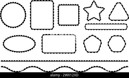 Set aus runden, quadratischen, rechteckigen, Stern-, Dreieck- und ovalen Rahmen und Rahmen mit welligen Kanten. Sammlung von gewellten Designelementen isoliert auf weißem Hintergrund. Vektorgrafik. Stock Vektor