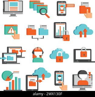 Informationstechnologien flache Symbole Set mit Vorhängeschloss Cloud-Speicher Smartphone Laptop Online-Betreiber isoliert Vektor-Illustration Stock Vektor