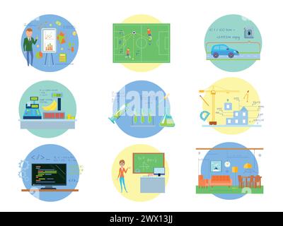 Acht runde Mathematik Kompositionen mit Verwendung von Mathematik in verschiedenen Branchen und das reale Leben mit Menschen Vektorgrafik gesetzt Stock Vektor