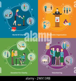 Charity Spende Freiwilligenarbeit und gemeinnützige Organisationen 2x2 Symbole auf hellen bunten Hintergrund flach isoliert Vektor-Illustration gesetzt Stock Vektor