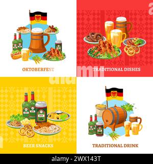 Traditionelles oktoberfest 4 flache Ikonen quadratisches Kompositionsbanner mit Biersnacks abstrakte isolierte Vektordarstellung Stock Vektor