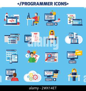 Programmierer flache Farbe dekorative Symbole Satz von Menschen sitzen am Schreibtisch mit Laptop und Tasse Kaffee und Bilder von Seite mit Algorithmus und HTML-Code iso Stock Vektor