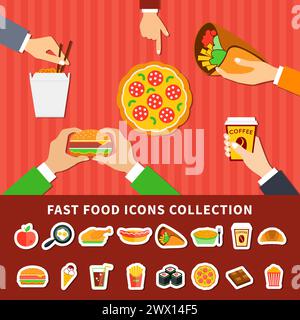 Fast Food-Menü Symbole Sammlung mit Händen halten Hamburger und Kaffeetasse 2 flache Banner Poster Vektor-Illustration Stock Vektor