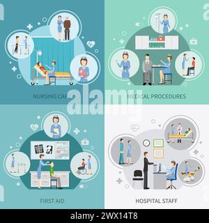 Krankenschwester Gesundheitswesen 2x2 Design-Konzept Satz von Krankenhauspersonal Bereitstellung erste Hilfe und Durchführung von medizinischen Verfahren flache Vektor-Illustration Stock Vektor