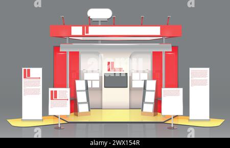 3D-Ausstellungsstand Komposition mit Promo-Prospekten Werbebanner mit Text und Tafel Standdesign Vektor Illustration Stock Vektor