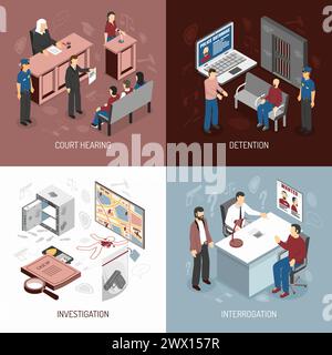 Gesetz System isometrische Konzept mit Verhaftung von Kriminellen Gericht Anhörung Untersuchung Verhör isoliert Vektor Illustration Stock Vektor